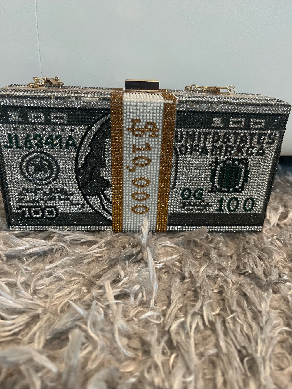 Embellished Crystal Money Clutch Bag in Silver and Gold